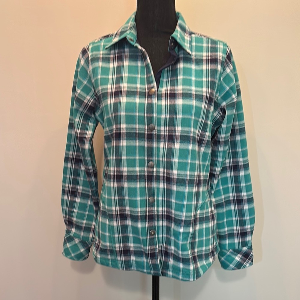 Orvis Women’s Size S Plaid‎ Green and Blue Snap Jacket with fleece interior